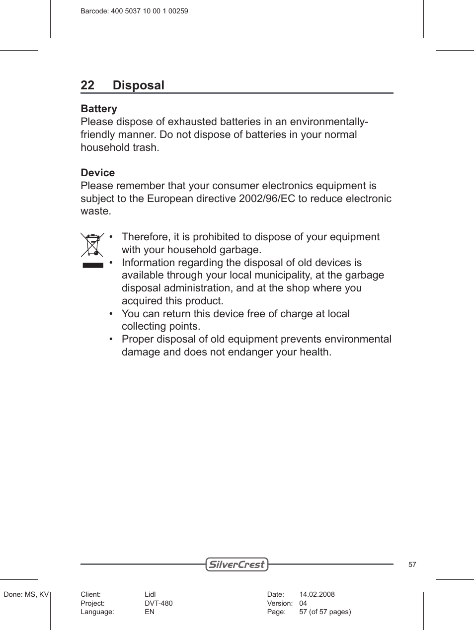 22 disposal | Silvercrest PLAYER DVT-480 User Manual | Page 57 / 57