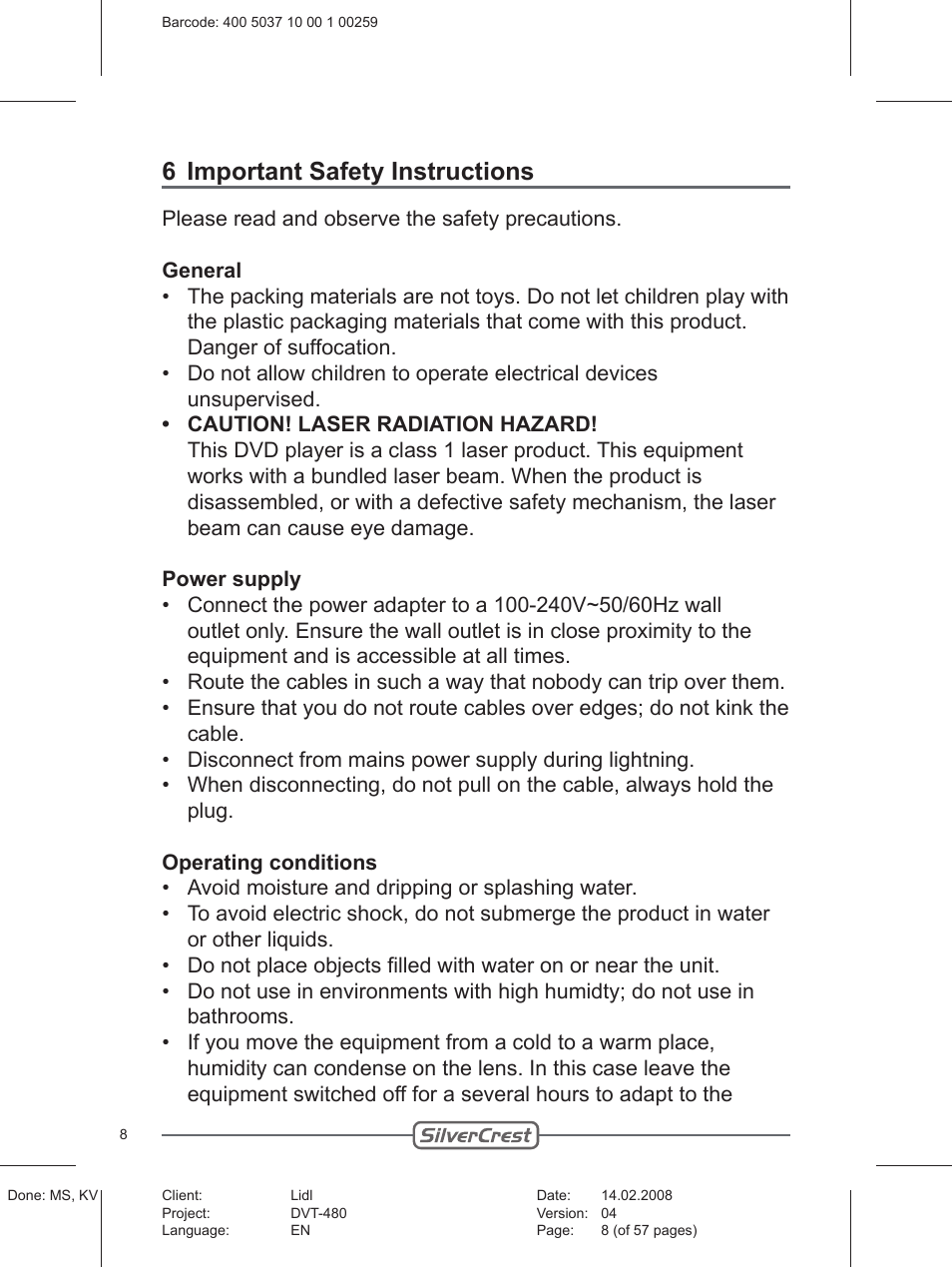 6 important safety instructions | Silvercrest PLAYER DVT-480 User Manual | Page 8 / 57