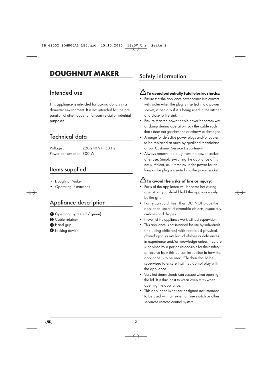 Doughnut maker, Intended use, Technical data | Items supplied, Appliance description, Safety information | Silvercrest SDM800A1-09/10-V1 User Manual | Page 4 / 8
