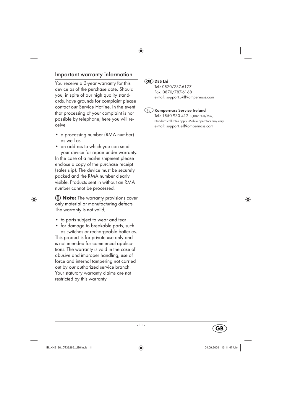 Important warranty information | Silvercrest KH 2130-06/09-V3 User Manual | Page 13 / 14
