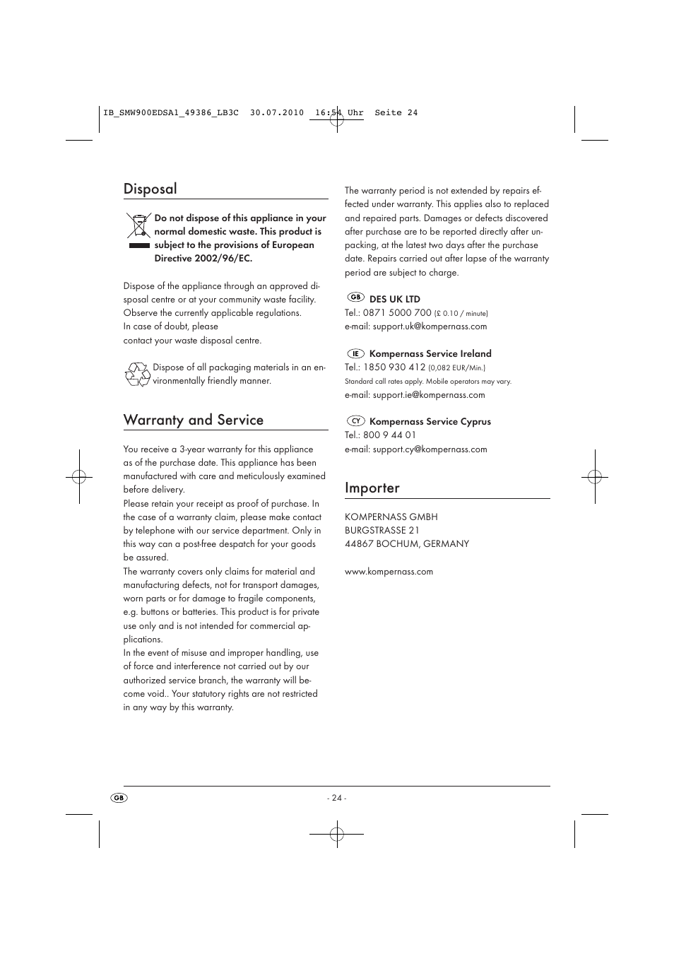 Disposal, Warranty and service, Importer | Silvercrest SMW 900 EDS A13C User Manual | Page 26 / 50