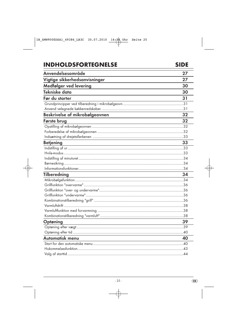 Indholdsfortegnelse side | Silvercrest SMW 900 EDS A13C User Manual | Page 27 / 50