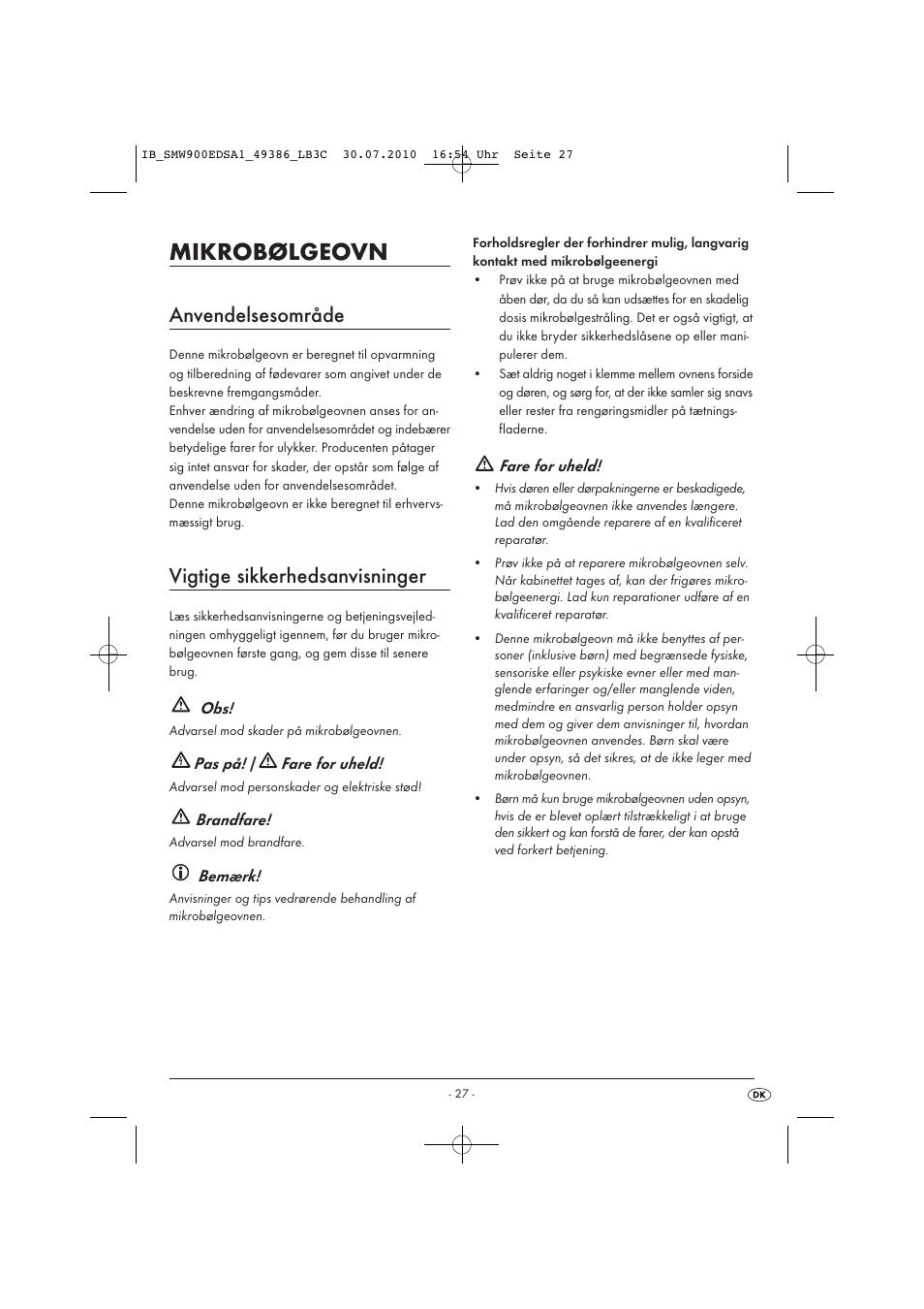 Mikrobølgeovn, Anvendelsesområde, Vigtige sikkerhedsanvisninger | Silvercrest SMW 900 EDS A13C User Manual | Page 29 / 50