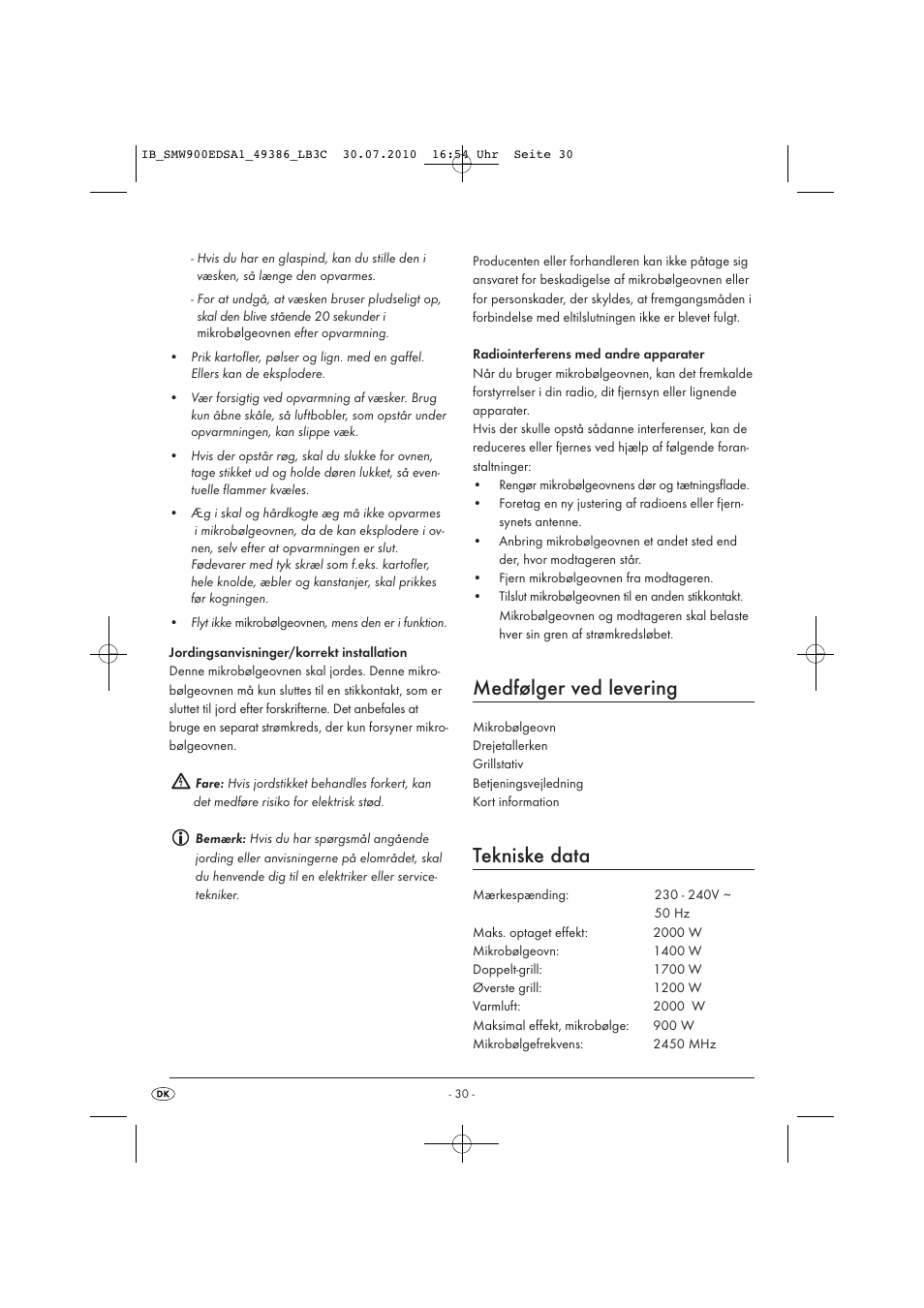 Medfølger ved levering, Tekniske data | Silvercrest SMW 900 EDS A13C User Manual | Page 32 / 50