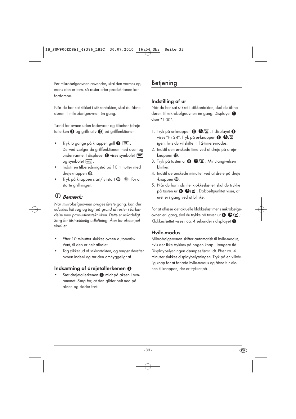 Betjening, Bemærk | Silvercrest SMW 900 EDS A13C User Manual | Page 35 / 50