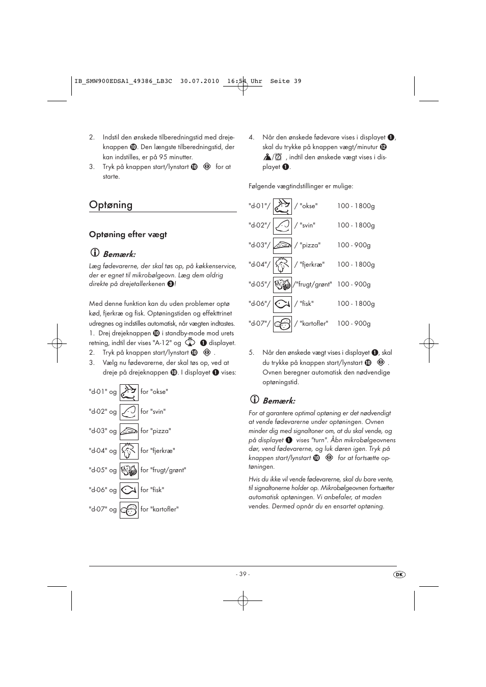 Optøning, Bemærk | Silvercrest SMW 900 EDS A13C User Manual | Page 41 / 50