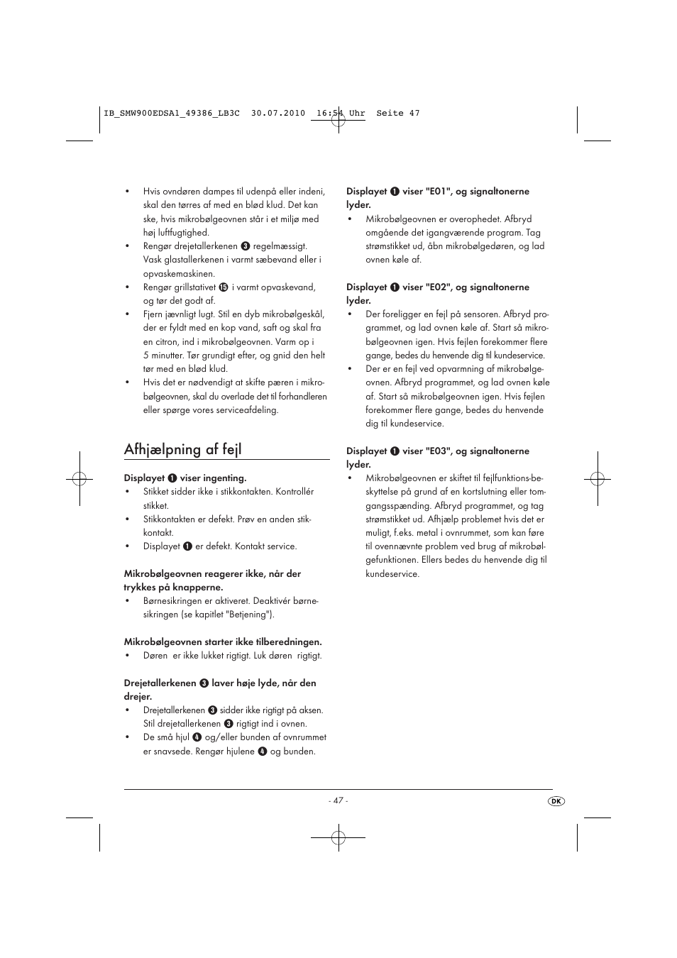 Afhjælpning af fejl | Silvercrest SMW 900 EDS A13C User Manual | Page 49 / 50