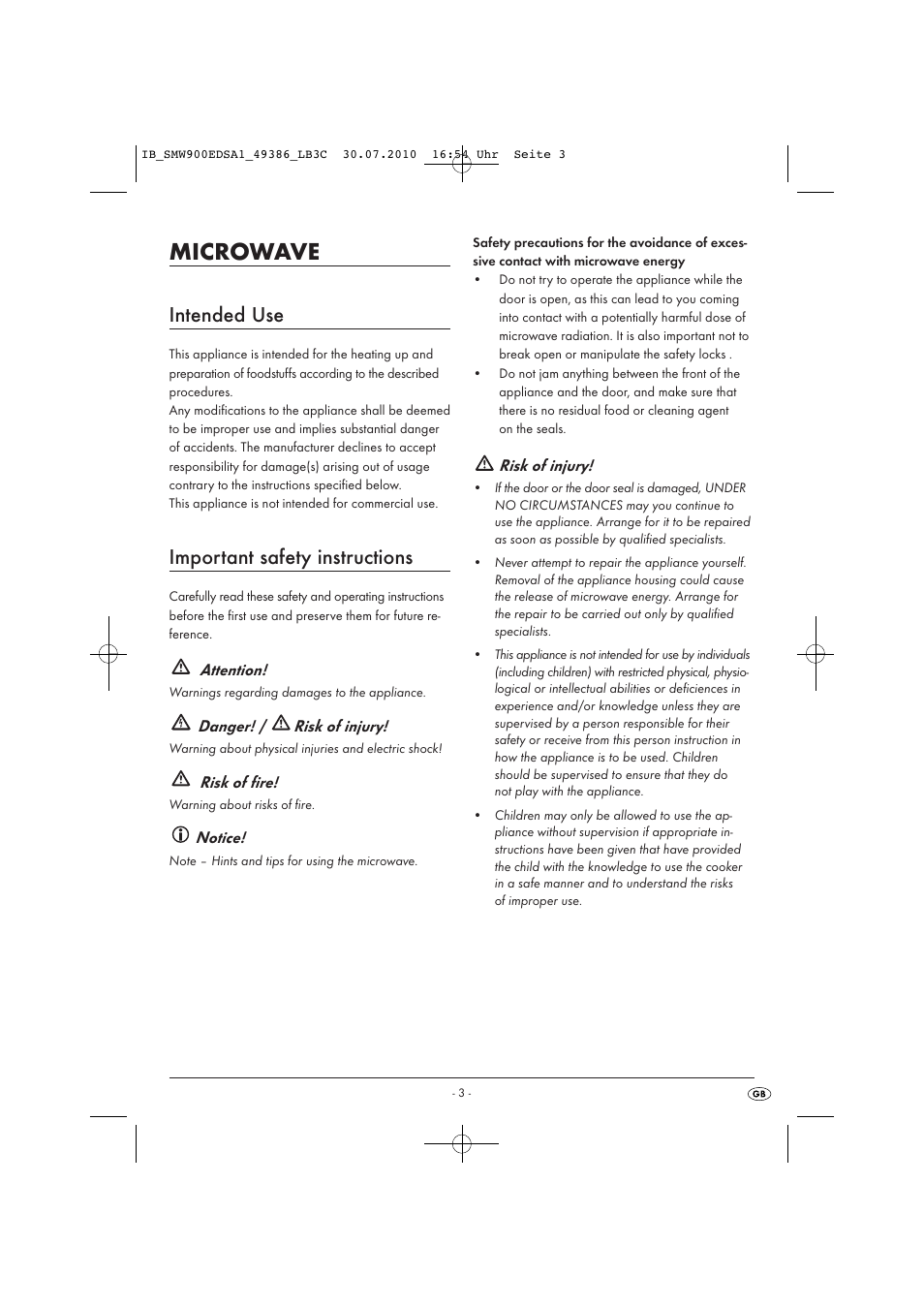 Microwave, Intended use, Important safety instructions | Silvercrest SMW 900 EDS A13C User Manual | Page 5 / 50