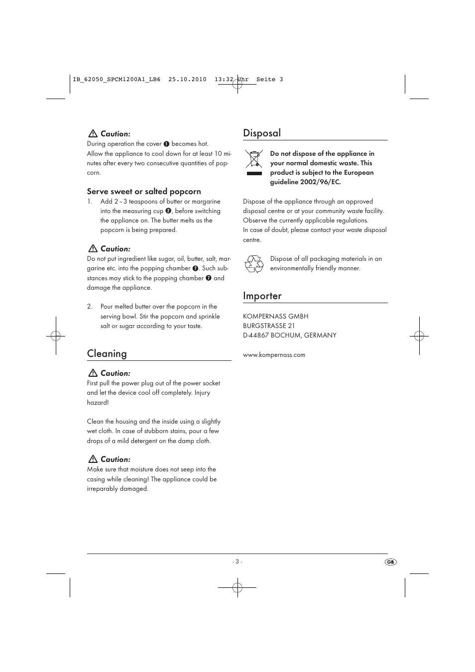 Cleaning, Disposal, Importer | Silvercrest SPCM 1200 A1 User Manual | Page 5 / 6