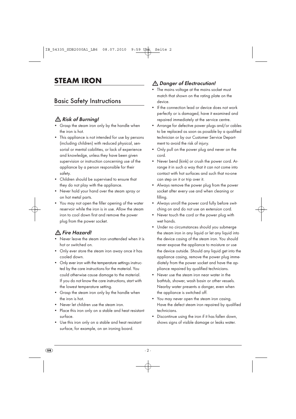 Steam iron, Basic safety instructions, Risk of burning | Fire hazard, Danger of electrocution | Silvercrest SDB 2000 A1 User Manual | Page 4 / 9