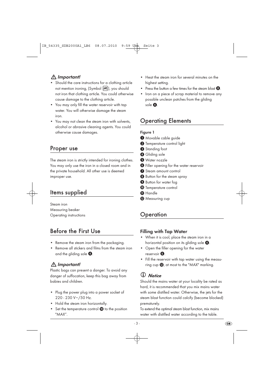 Proper use, Items supplied, Before the first use | Operating elements, Operation | Silvercrest SDB 2000 A1 User Manual | Page 5 / 9