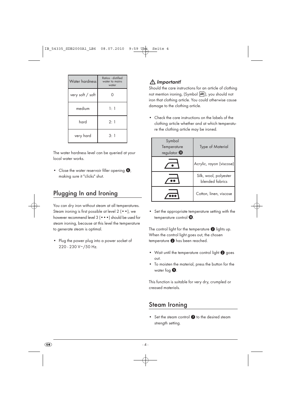 Plugging in and ironing, Steam ironing, Important | Silvercrest SDB 2000 A1 User Manual | Page 6 / 9