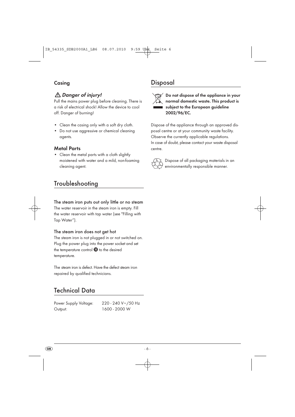 Troubleshooting, Technical data, Disposal | Silvercrest SDB 2000 A1 User Manual | Page 8 / 9