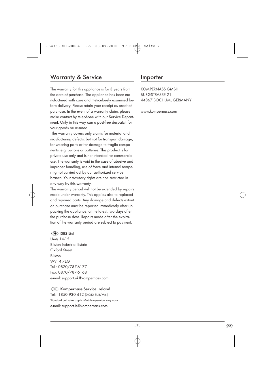 Warranty & service, Importer | Silvercrest SDB 2000 A1 User Manual | Page 9 / 9