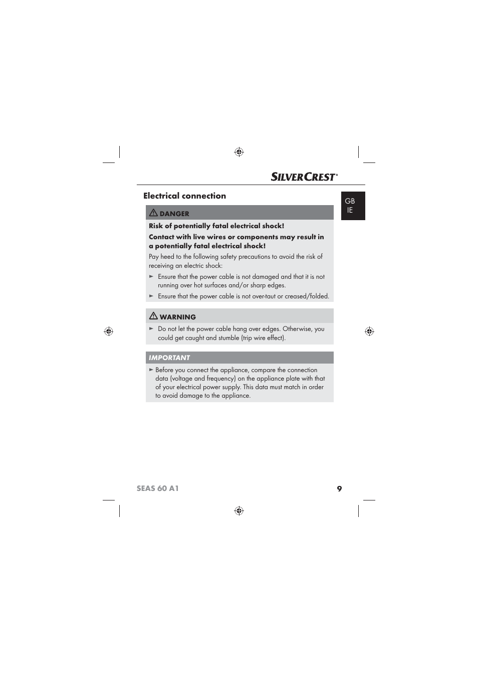 Electrical connection | Silvercrest SEAS 60 A1 User Manual | Page 11 / 18