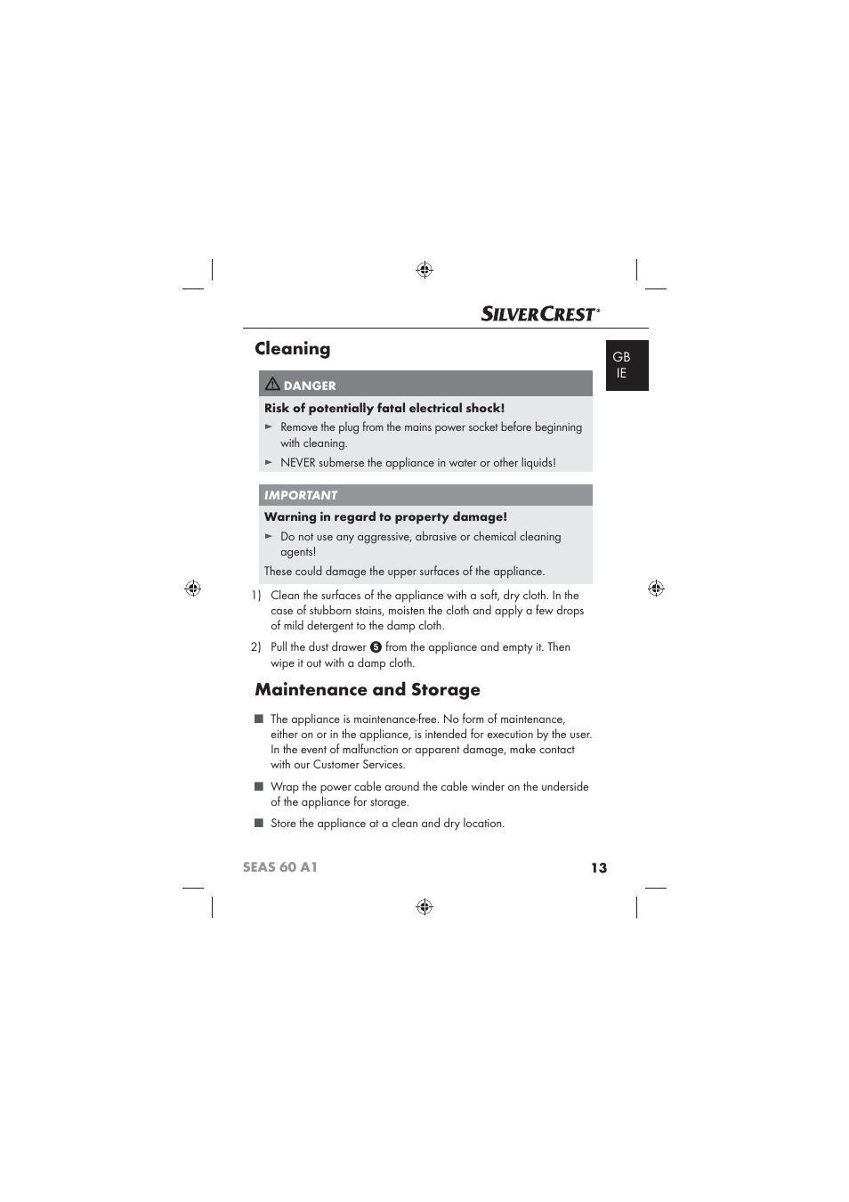 Cleaning, Maintenance and storage | Silvercrest SEAS 60 A1 User Manual | Page 15 / 18