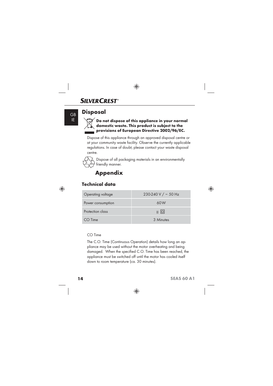 Disposal, Appendix | Silvercrest SEAS 60 A1 User Manual | Page 16 / 18