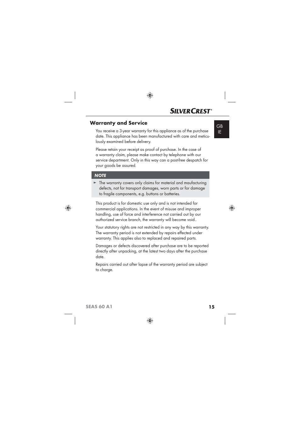 Warranty and service | Silvercrest SEAS 60 A1 User Manual | Page 17 / 18