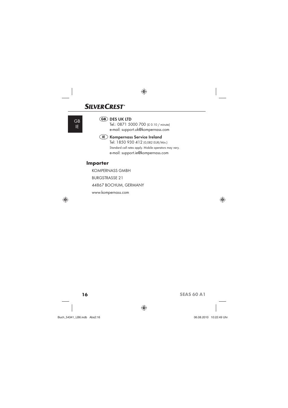 Importer | Silvercrest SEAS 60 A1 User Manual | Page 18 / 18