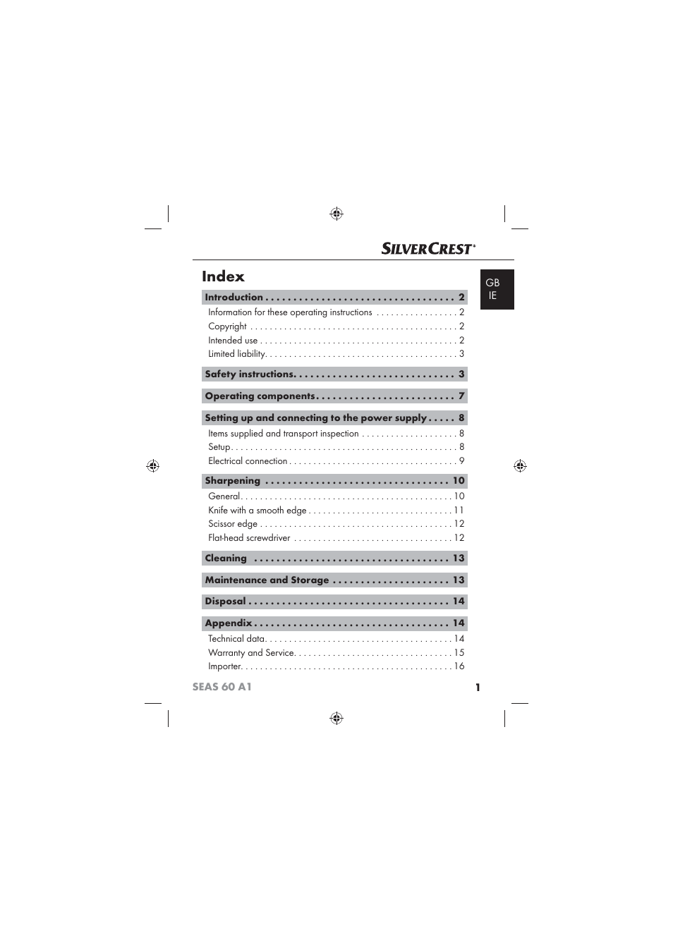 Index | Silvercrest SEAS 60 A1 User Manual | Page 3 / 18