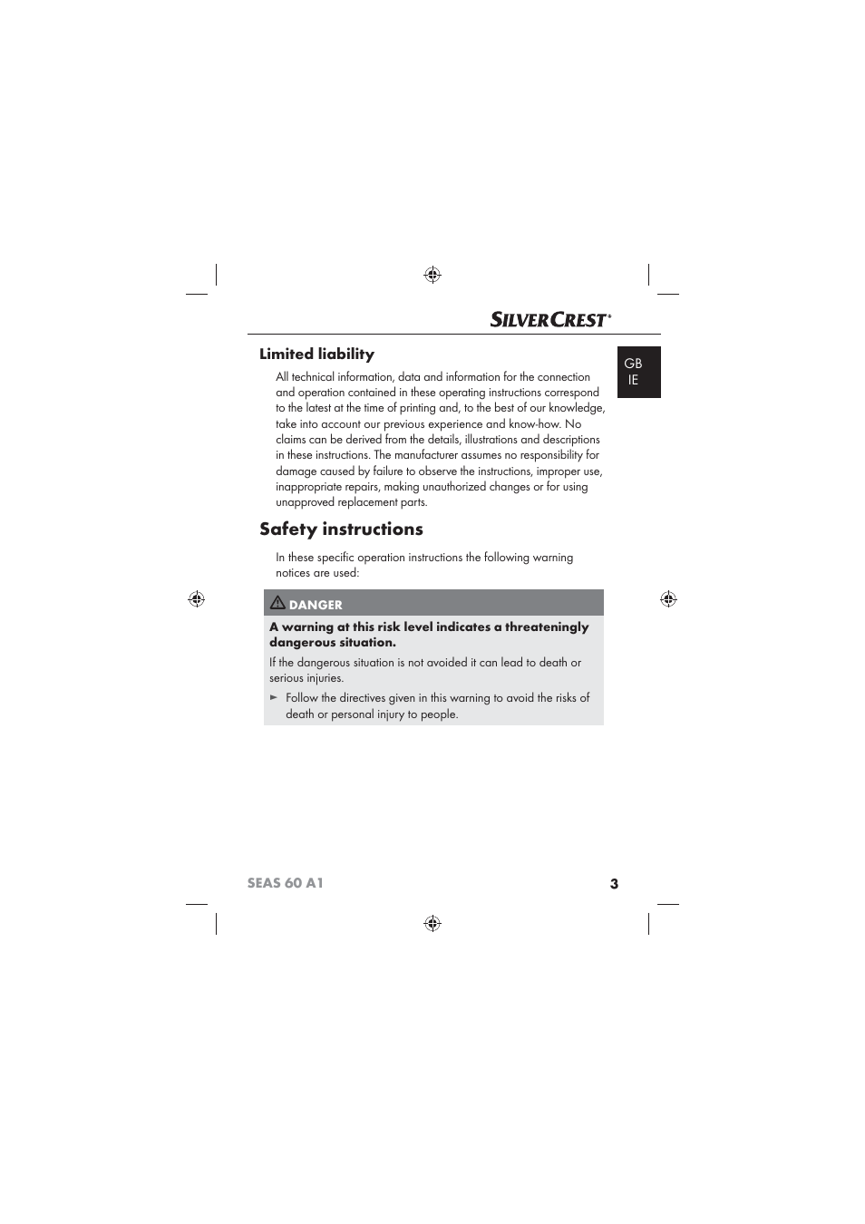 Safety instructions, Limited liability | Silvercrest SEAS 60 A1 User Manual | Page 5 / 18