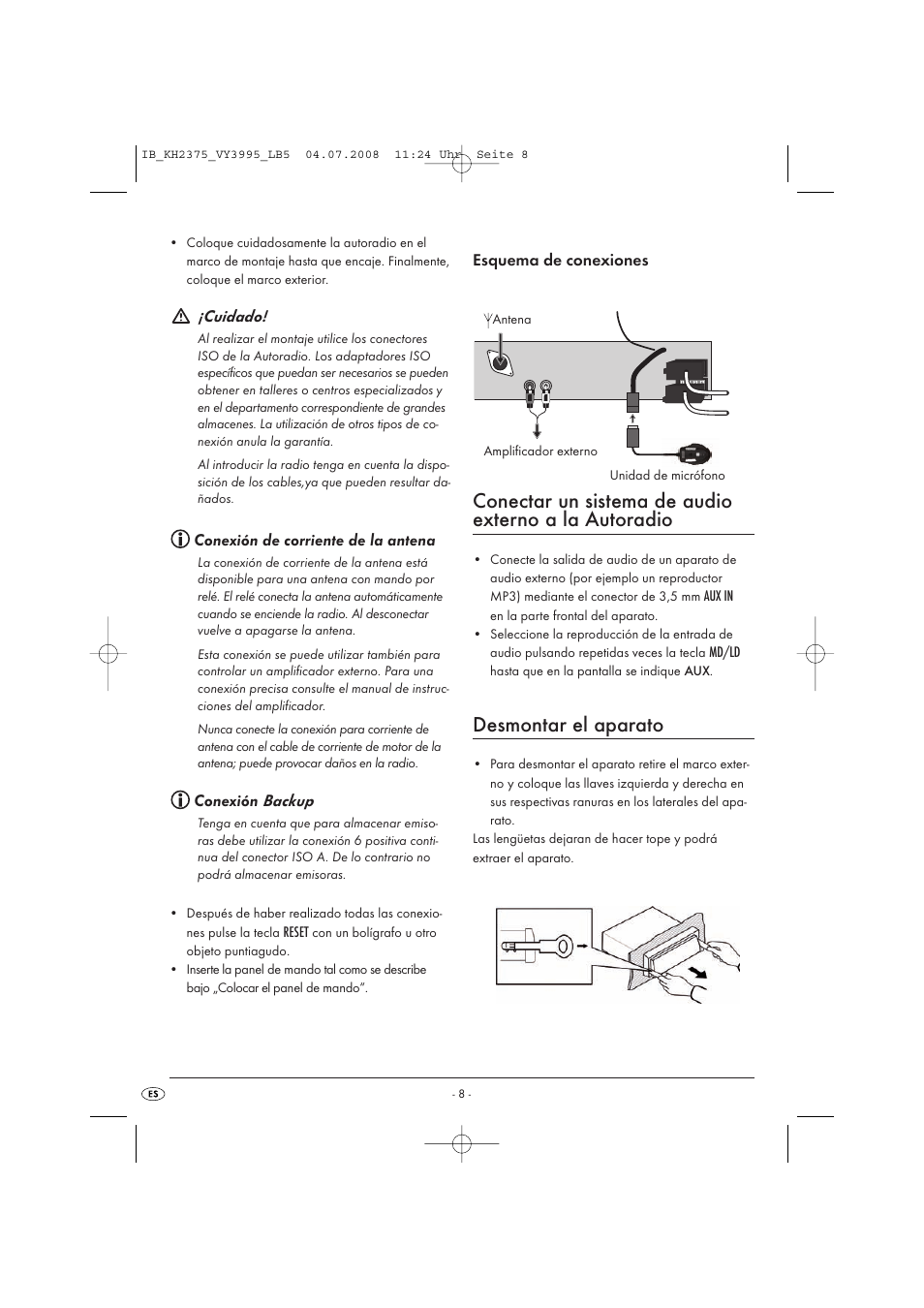 Desmontar el aparato, Cuidado, Backup | Conexión de corriente de la antena, Conexión, Esquema de conexiones, Reset, Aux in, Md/ld | Silvercrest KH 2375 User Manual | Page 10 / 74