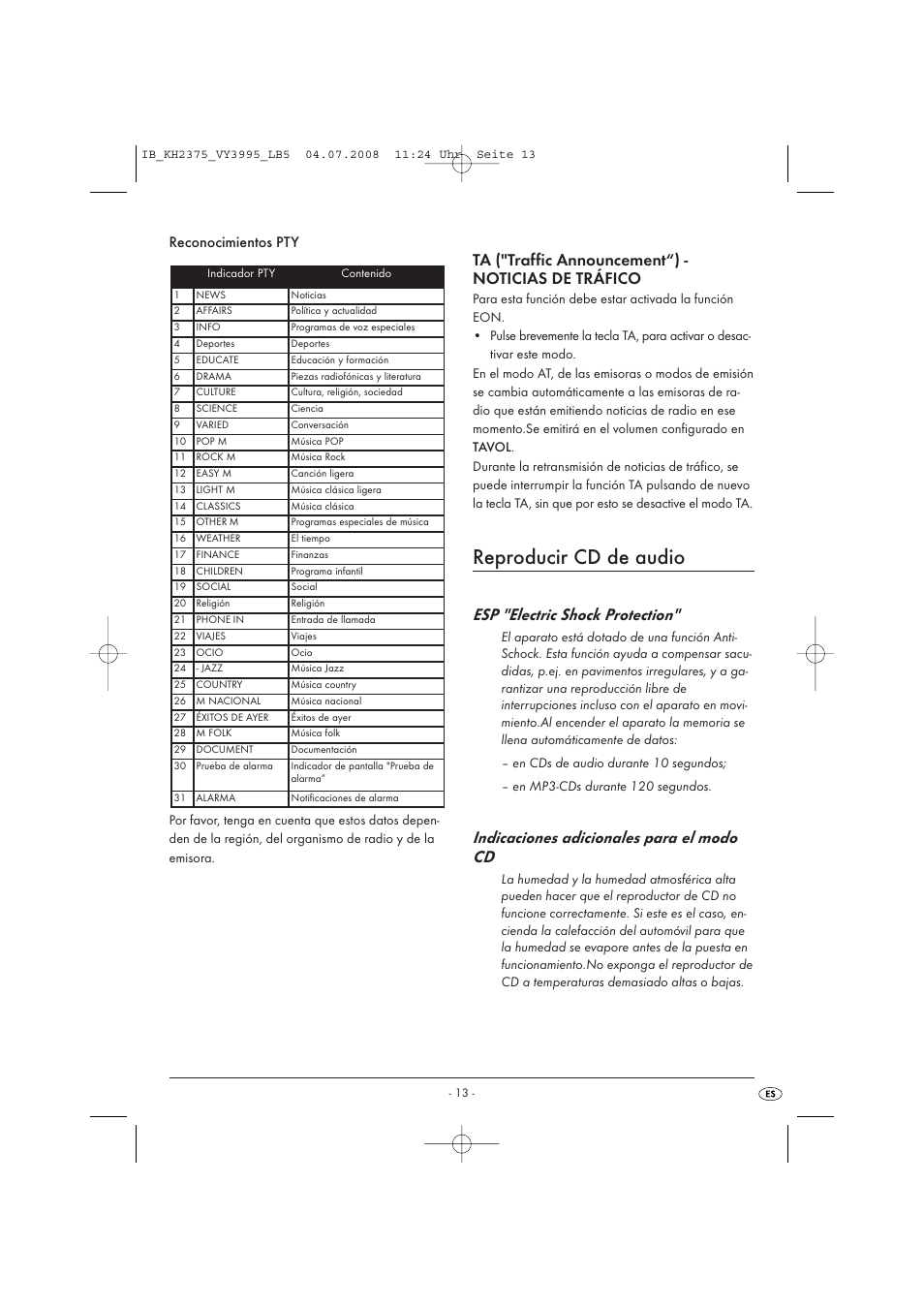 Reproducir cd de audio, Esp "electric shock protection, Indicaciones adicionales para el modo cd | Ta ("traffic announcement“) - noticias de tráfico, Reconocimientos pty | Silvercrest KH 2375 User Manual | Page 15 / 74