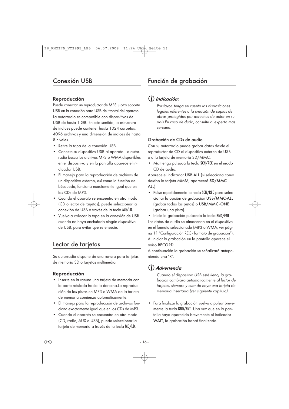 Conexión usb, Lector de tarjetas, Función de grabación | Silvercrest KH 2375 User Manual | Page 18 / 74