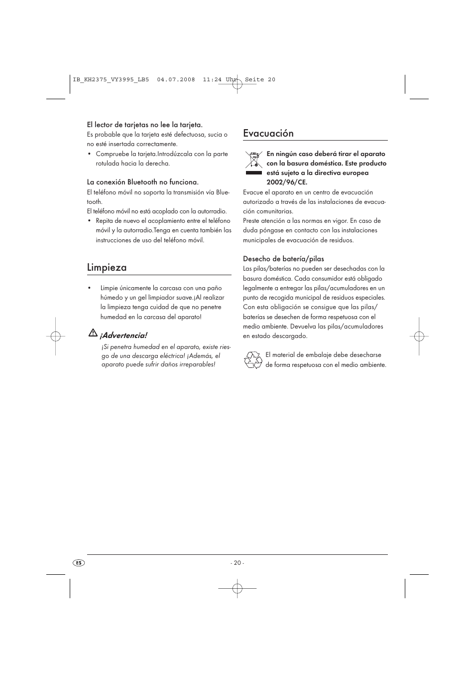 Limpieza, Evacuación | Silvercrest KH 2375 User Manual | Page 22 / 74