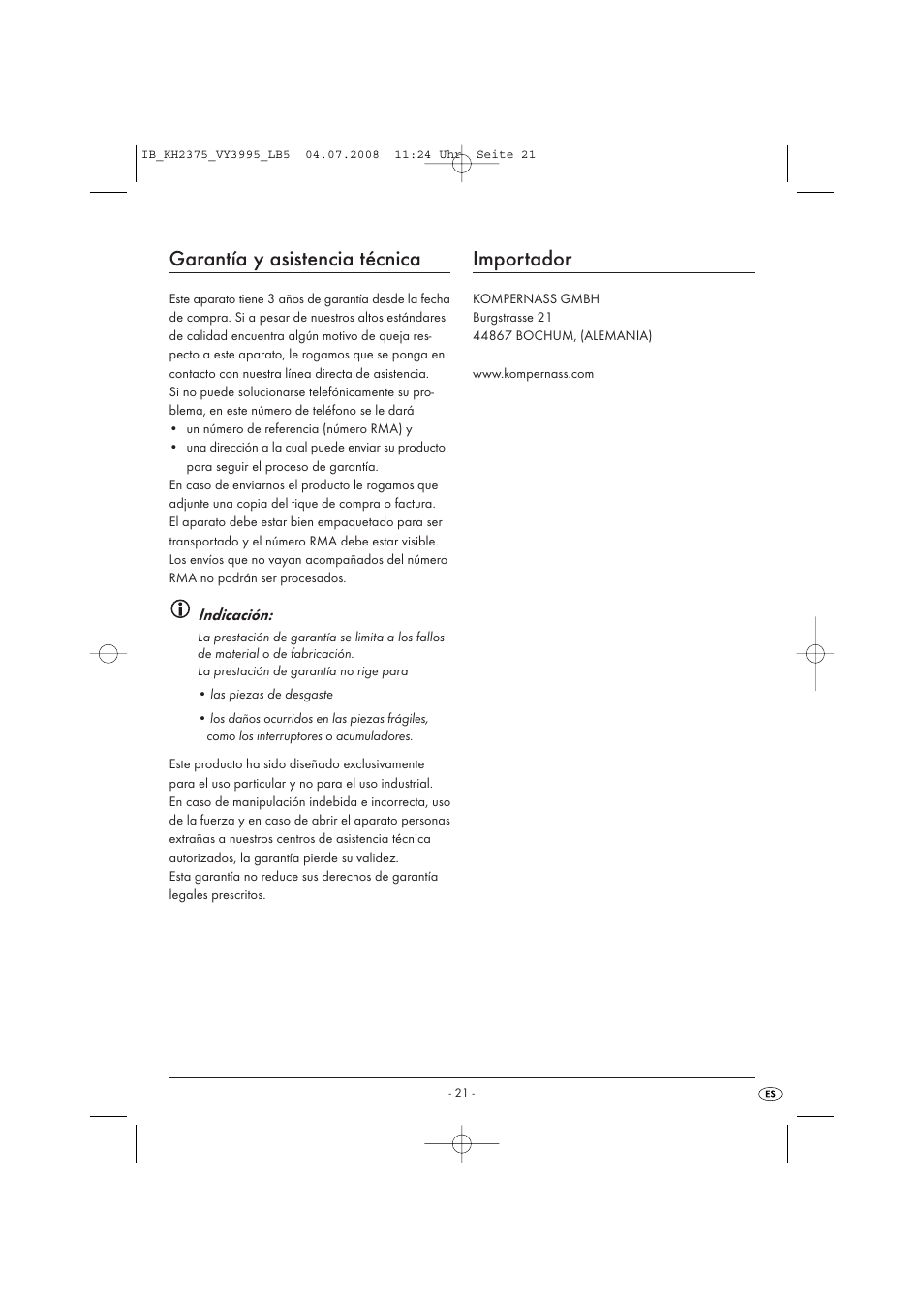 Garantía y asistencia técnica, Importador | Silvercrest KH 2375 User Manual | Page 23 / 74