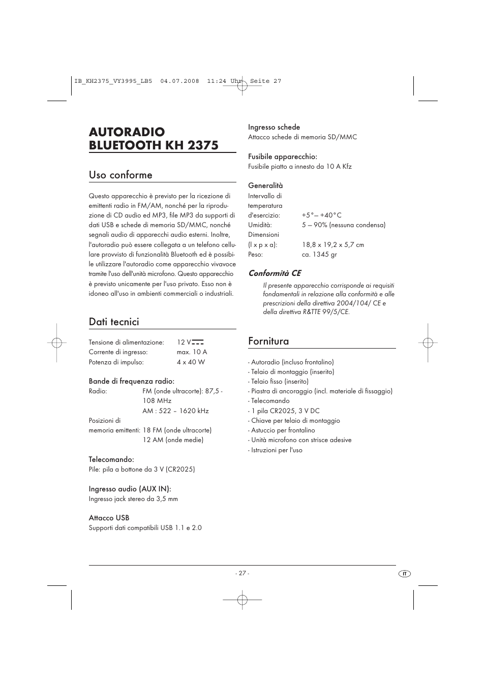 Autoradio bluetooth kh 2375, Uso conforme, Dati tecnici | Fornitura | Silvercrest KH 2375 User Manual | Page 29 / 74