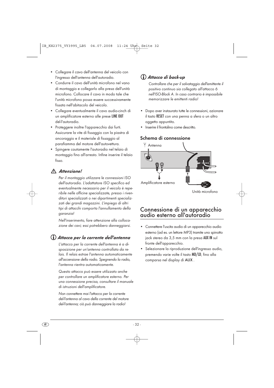 Attenzione, Attacco per la corrente dell'antenna, Attacco di back-up | Schema di connessione, Line out, Reset, Aux in, Md/ld | Silvercrest KH 2375 User Manual | Page 34 / 74