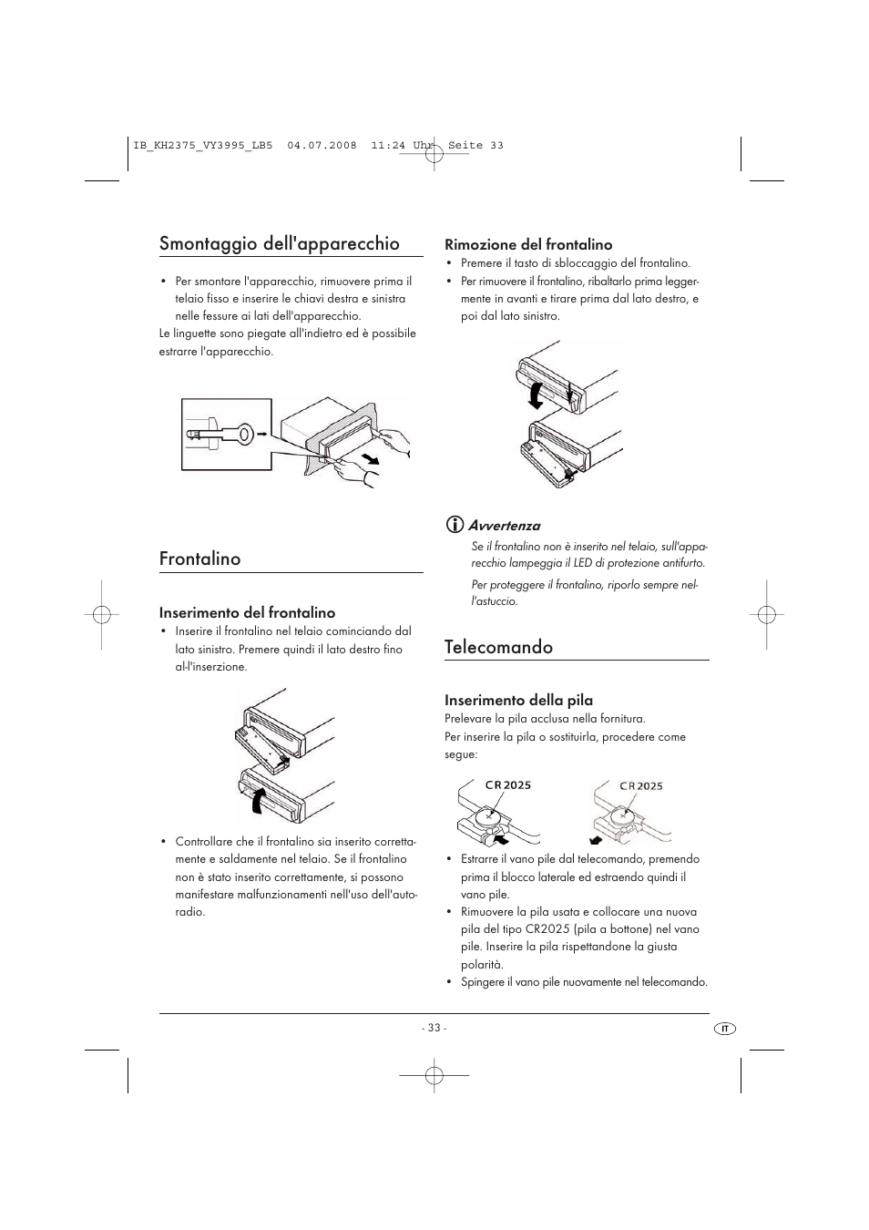 Smontaggio dell'apparecchio, Frontalino, Telecomando | Silvercrest KH 2375 User Manual | Page 35 / 74