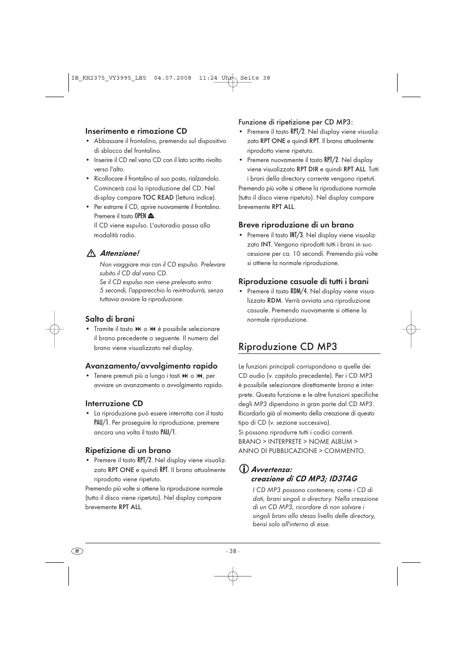 Riproduzione cd mp3 | Silvercrest KH 2375 User Manual | Page 40 / 74