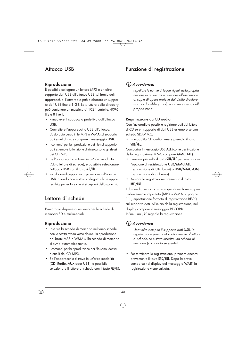 Attacco usb, Lettore di schede, Funzione di registrazione | Silvercrest KH 2375 User Manual | Page 42 / 74
