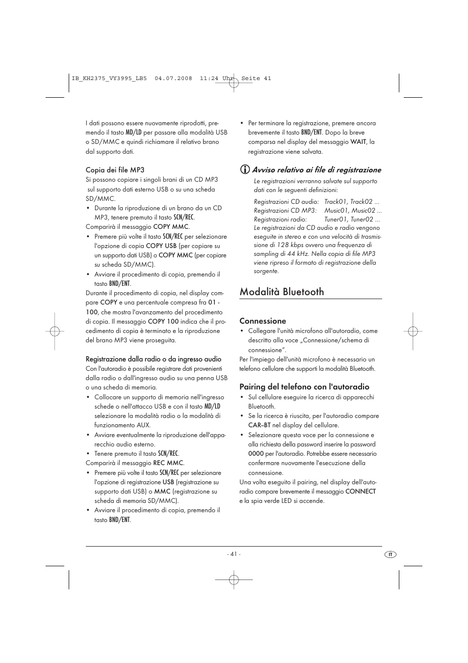 Modalità bluetooth | Silvercrest KH 2375 User Manual | Page 43 / 74