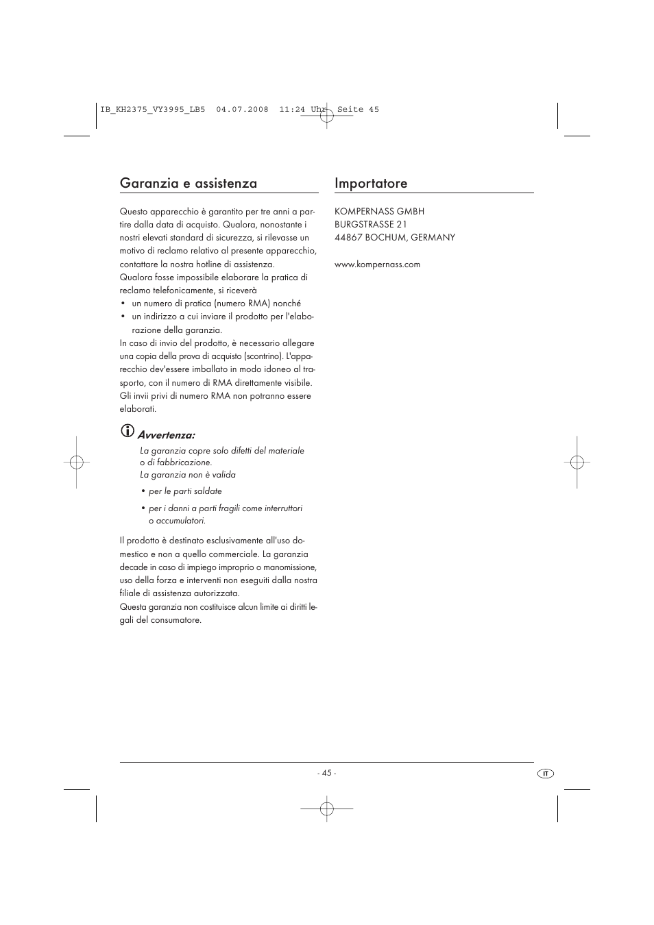 Garanzia e assistenza, Importatore | Silvercrest KH 2375 User Manual | Page 47 / 74