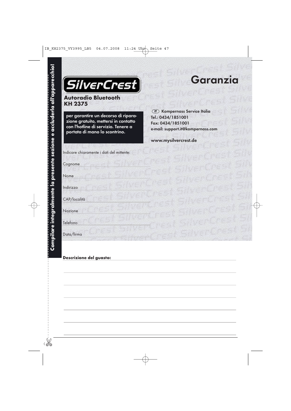 Garanzia | Silvercrest KH 2375 User Manual | Page 49 / 74