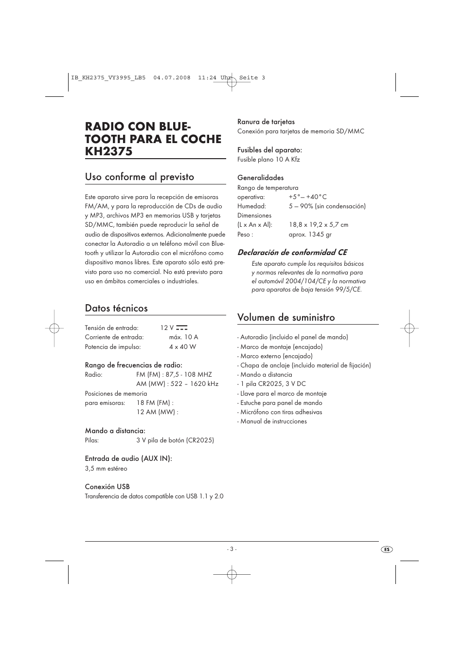 Radio con blue- tooth para el coche kh2375, Uso conforme al previsto, Datos técnicos | Volumen de suministro | Silvercrest KH 2375 User Manual | Page 5 / 74