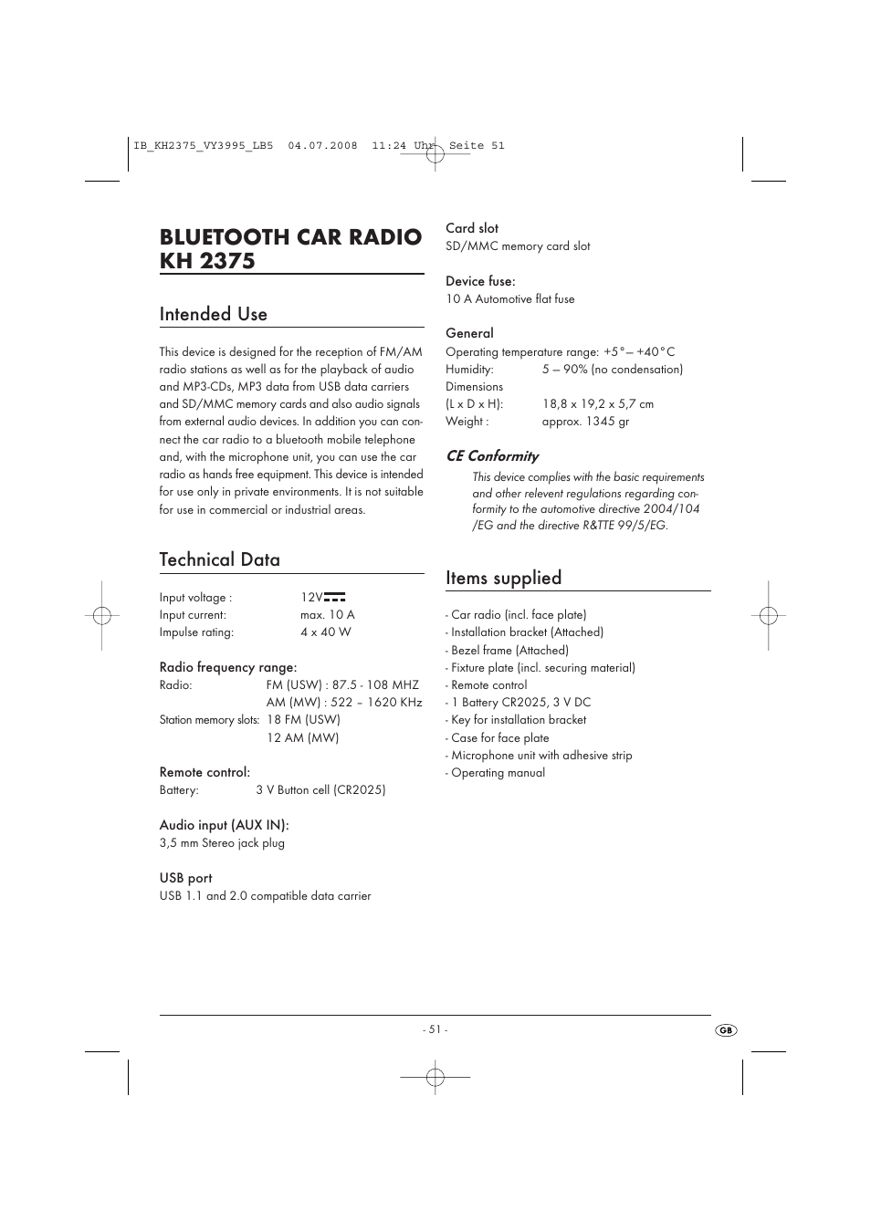 Bluetooth car radio kh 2375, Intended use, Technical data | Items supplied | Silvercrest KH 2375 User Manual | Page 53 / 74