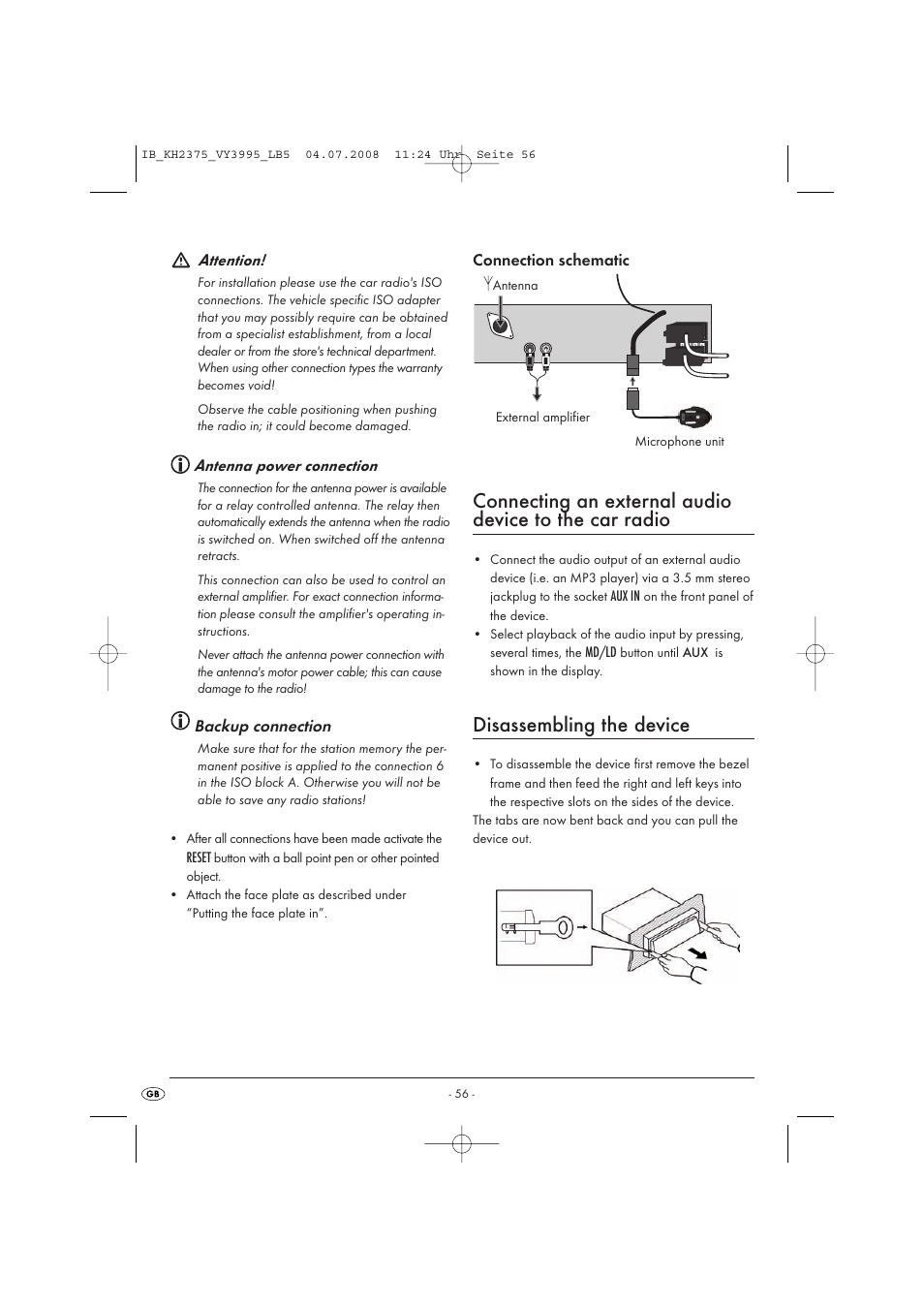 Disassembling the device, Attention, Antenna power connection | Backup connection, Connection schematic, Reset, Aux in, Md/ld | Silvercrest KH 2375 User Manual | Page 58 / 74