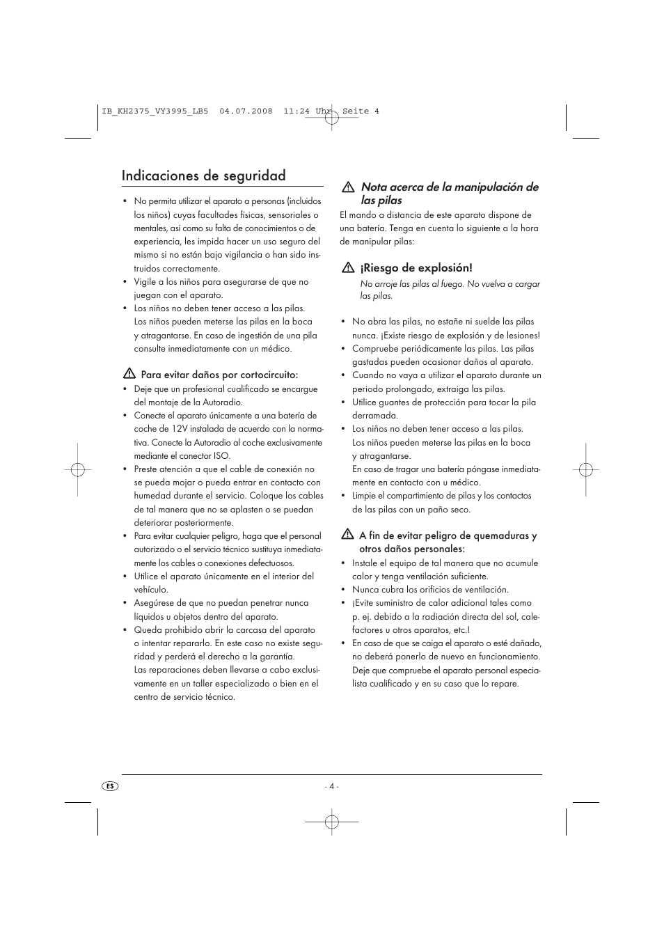 Indicaciones de seguridad, Nota acerca de la manipulación de las pilas | Silvercrest KH 2375 User Manual | Page 6 / 74
