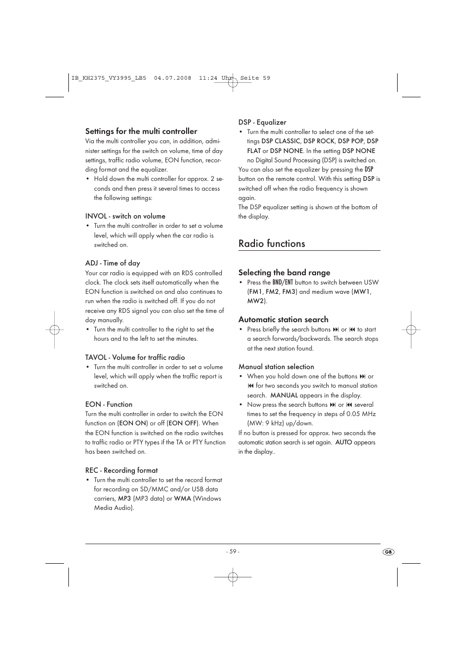 Radio functions | Silvercrest KH 2375 User Manual | Page 61 / 74