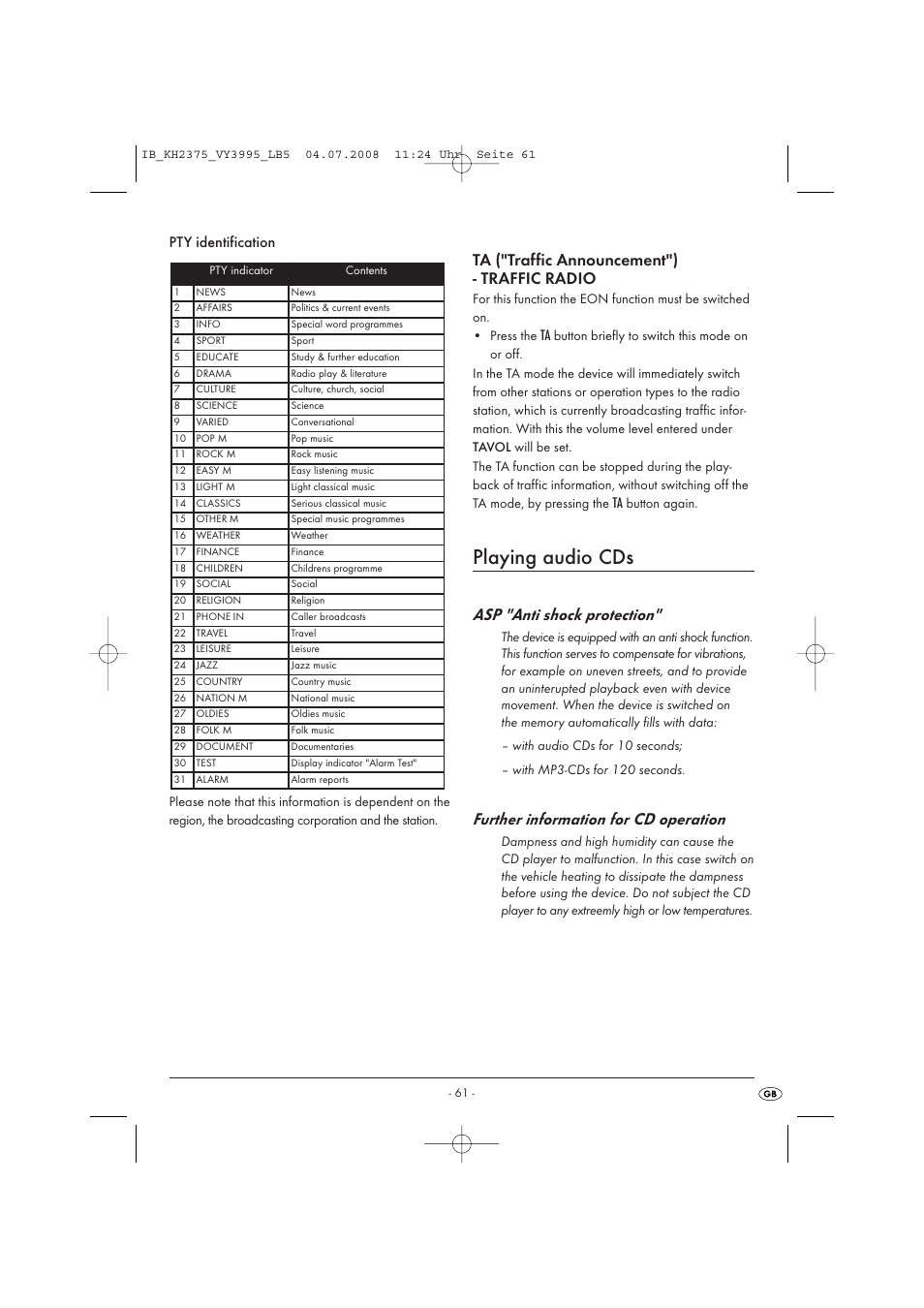 Playing audio cds, Asp "anti shock protection, Further information for cd operation | Ta ("traffic announcement") - traffic radio, Pty identification | Silvercrest KH 2375 User Manual | Page 63 / 74