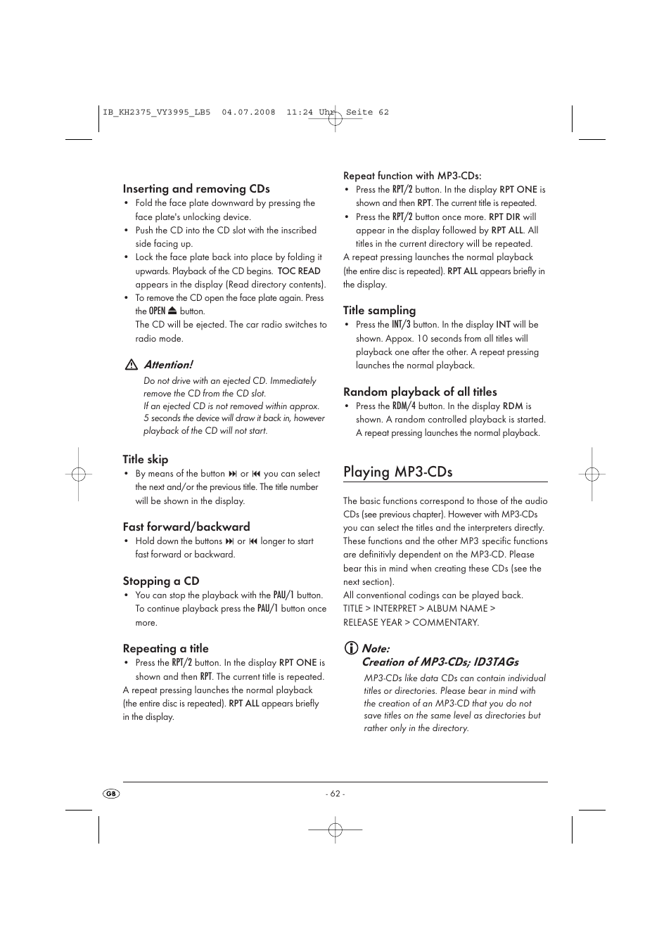 Playing mp3-cds | Silvercrest KH 2375 User Manual | Page 64 / 74