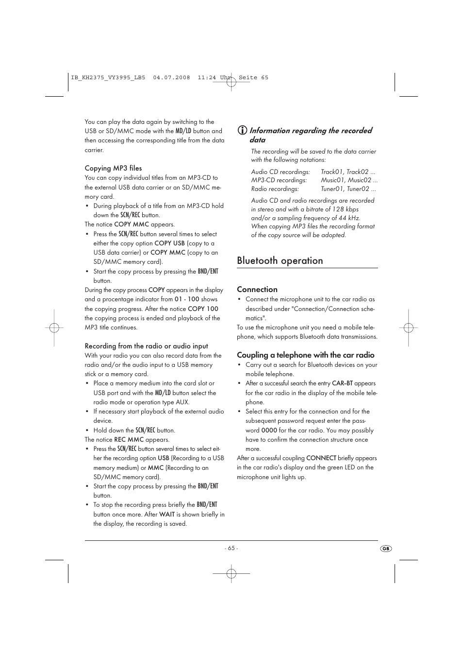 Bluetooth operation | Silvercrest KH 2375 User Manual | Page 67 / 74