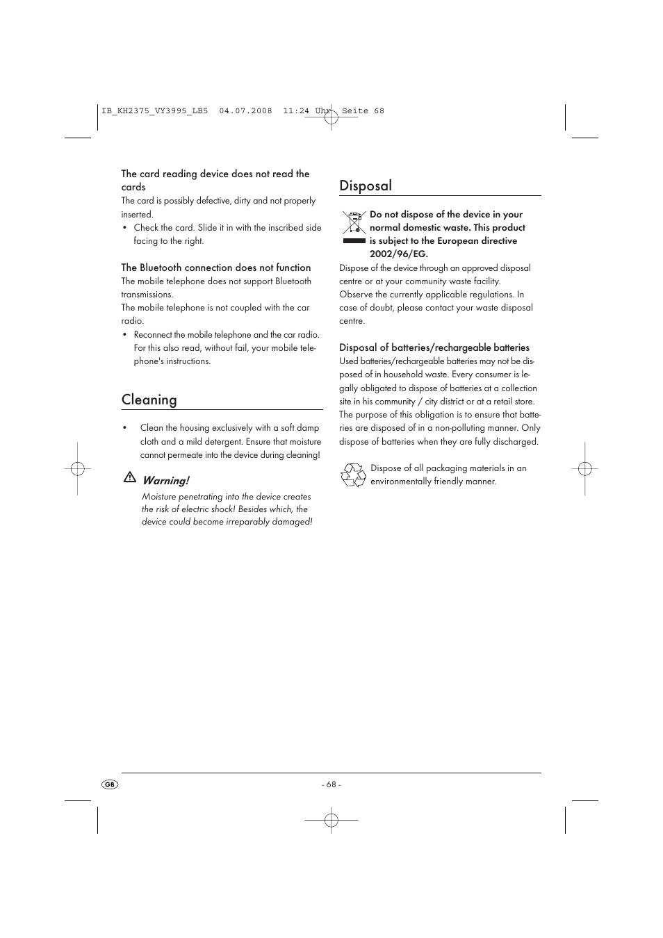 Cleaning, Disposal | Silvercrest KH 2375 User Manual | Page 70 / 74