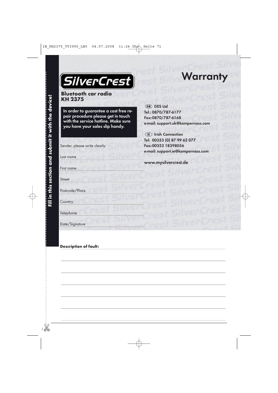 Warranty | Silvercrest KH 2375 User Manual | Page 73 / 74