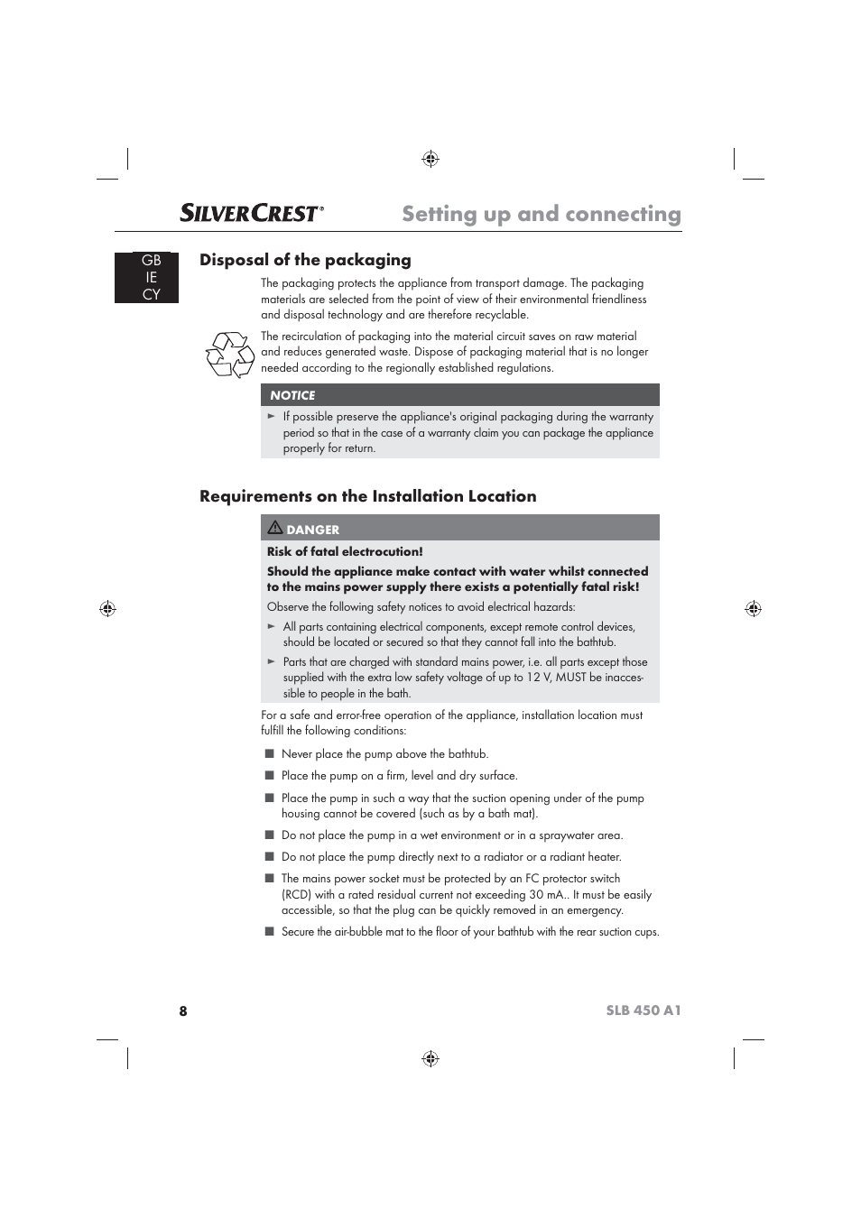 Setting up and connecting, Disposal of the packaging, Requirements on the installation location | Silvercrest SLB 450 A16 User Manual | Page 10 / 22