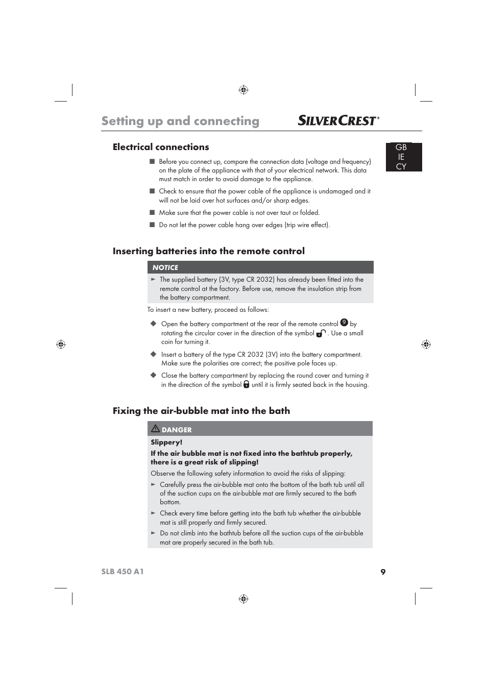 Setting up and connecting, Electrical connections, Inserting batteries into the remote control | Fixing the air-bubble mat into the bath | Silvercrest SLB 450 A16 User Manual | Page 11 / 22